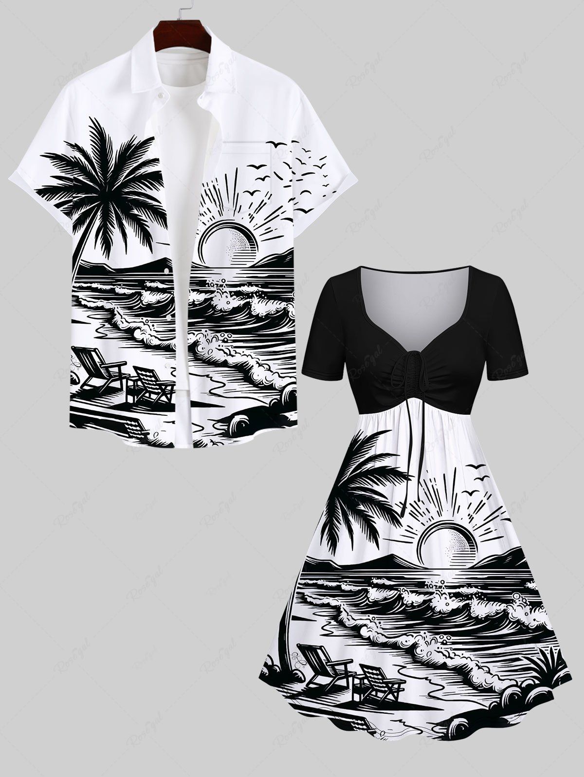 Outfits Coconut Tree Sun Sea Waves Bird Chairs Print Plus Size Matching Hawaii Beach Outfit For Couples  