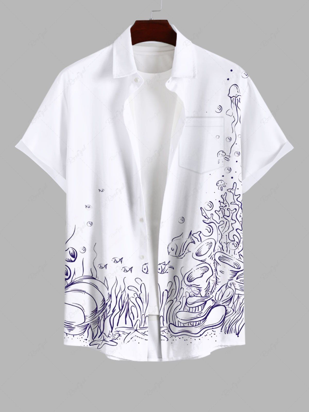 Sale Plus Size Waterweed Starfish Fish Seabed Sailor Print Hawaii Button Pocket Shirt For Men  