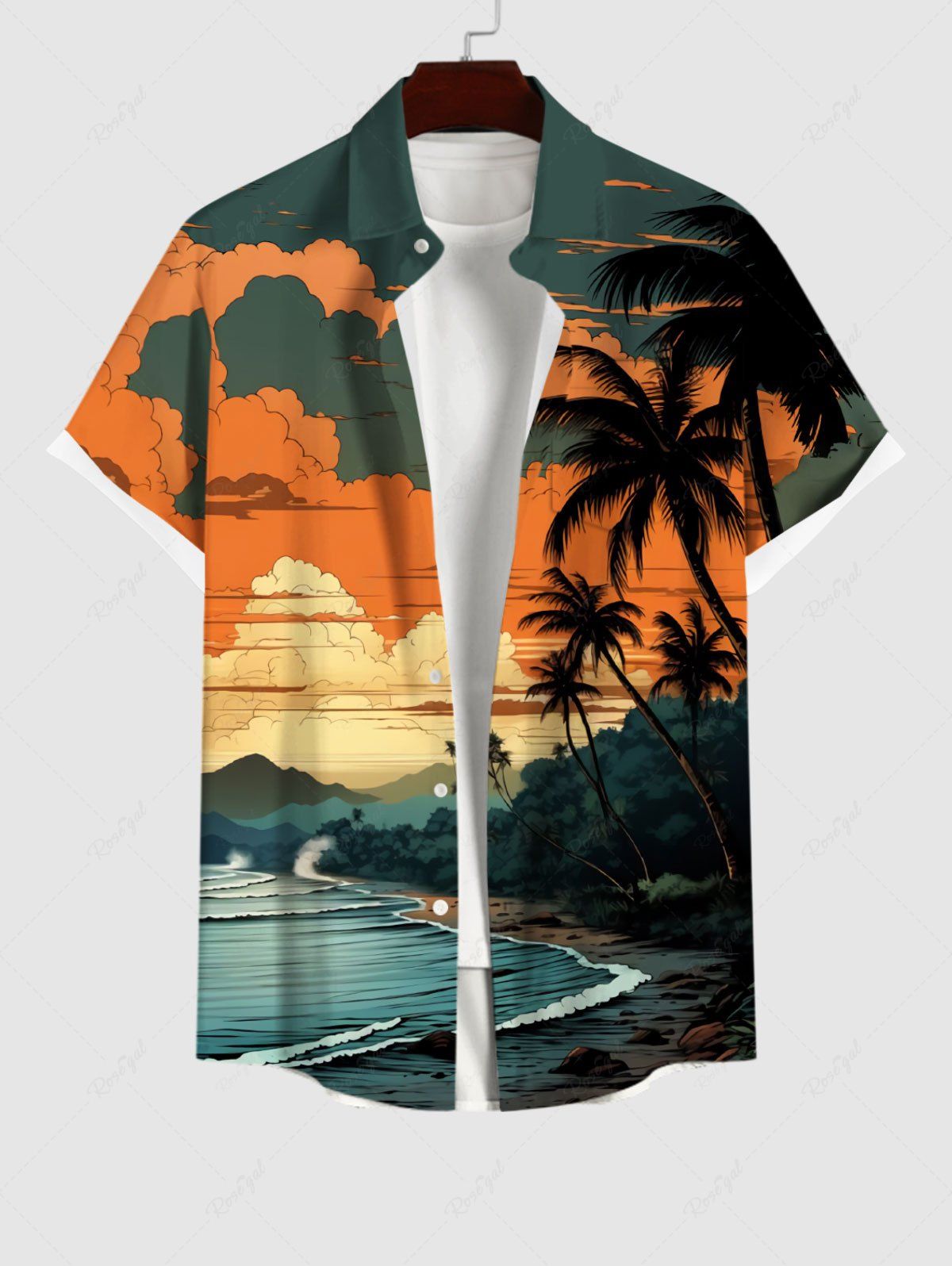 Fancy Plus Size Colorful Cloud Coconut Tree Sea Beach Print Hawaii Button Pocket Shirt For Men  