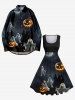 Plus Size Pumpkin Lantern Ghost Moon Tree Castle Midnight Print Halloween Costume Vintage Swing A Line Dress -  