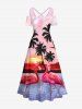 Coconut Tree Sun Ombre Sky Dusk Flamingo Sea Print Plus Size Matching Hawaii Beach Outfit For Couples -  