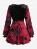Gothic Plus Size Poet Sleeves Floral Flocking Tie Dye Ruched Bust Lace Trim Patchwork Velvet Chain Top -  