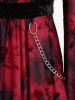 Gothic Plus Size Poet Sleeves Floral Flocking Tie Dye Ruched Bust Lace Trim Patchwork Velvet Chain Top -  