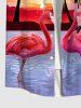 Plus Size Coconut Tree Sun Ombre Sky Dusk Flamingo Sea Print Hawaii Button Pocket Shirt For Men -  