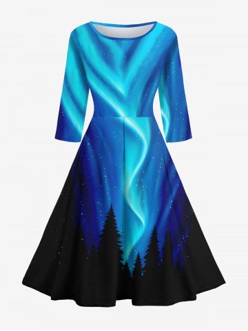 Tree Forest Glitter Aurora Light Beam Galaxy Print Ombre Pocket Maxi Dress - BLUE - S