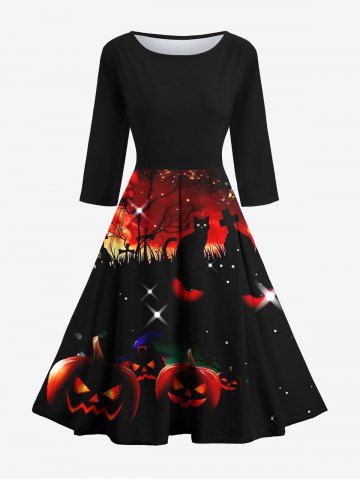 Glitter Pumpkin Cat Tree Grass Bat Print Halloween Costume Pocket Maxi Dress - BLACK - S