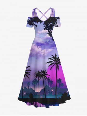 Plus Size Coconut Tree Sea Village Sun Ombre Sky Cloud Print Hawaii Crisscross A Line Maxi Dress - PURPLE - S