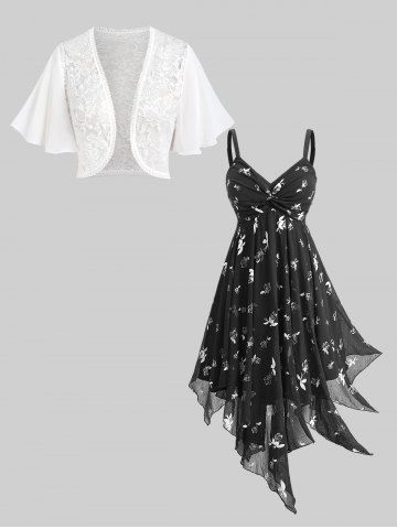 Lace Bolero Jacket and Gilding Floral Printed Ruched Asymmetric Dress Plus Size Outfit - WHITE