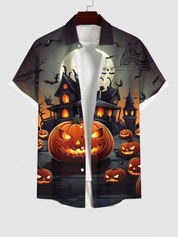 Chemise D'Halloween Citrouille Lune et Château Imprimés avec Poche de Grande Taille avec Boutons