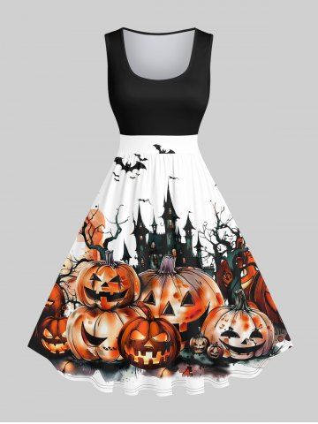 Plus Size Halloween Costume Pumpkin Bat Tree Castle Print 1950s Vintage Dress - MULTI-A - S