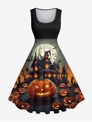 Plus Size Halloween Costume Pumpkin Moon Bat Castle Print 1950s Vintage Dress - MULTI-A - 1X