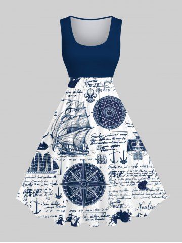 Plus Size Navigation Sailboat Anchor Compass Newspaper Print Hawaii 1950s Vintage Dress - MULTI-A - XS