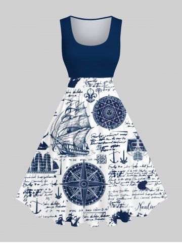 Plus Size Navigation Sailboat Anchor Compass Newspaper Print Hawaii 1950s Vintage Dress - MULTI-A - L
