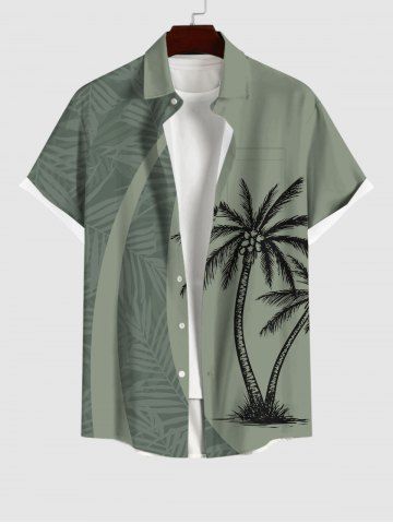 Plus Size Coconut Tree Tropical Leaf Print Buttons Pocket Hawaii Shirt For Men - LIGHT GREEN - XL