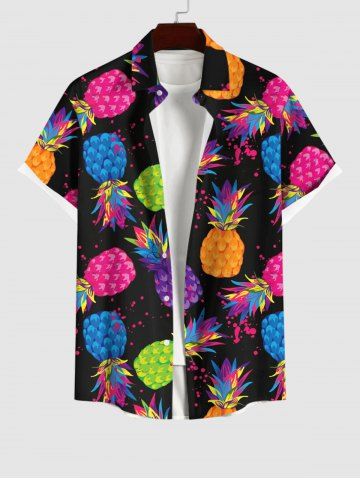 Plus Size Colorful Pineapple Paint Splatter Print Buttons Pocket Hawaii Shirt For Men - BLACK - L
