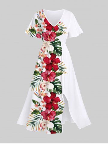 Plus Size Tropical Leaf Hibiscus Flower Print Split Hawaii Midi Dress - WHITE - S