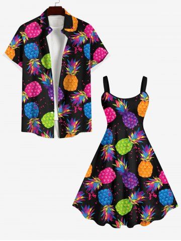 Colorful Pineapple Paint Splatter Print Plus Size Matching Hawaii Beach Outfit For Couples - BLACK