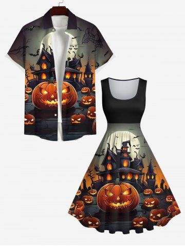 Halloween Costume Pumpkin Moon Bat Castle Print Plus Size Matching Outfit For Couples - MULTI-A