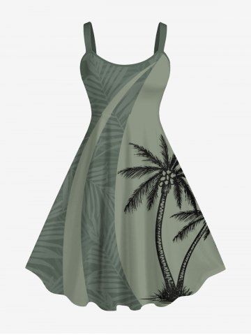 Plus Size Coconut Tree Tropical Leaf Print Hawaii Tank Dress - LIGHT GREEN - XS