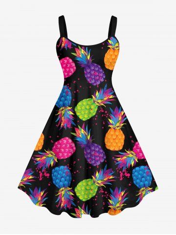 Plus Size Colorful Pineapple Paint Splatter Print Hawaii Tank Dress - BLACK - M