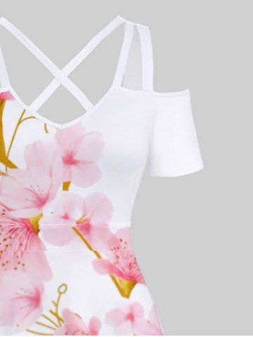 Plus Size Cold Shoulder Floral Mountain Print Hawaii Crisscross A Line Maxi Dress