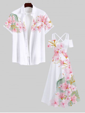 Plus Size Cold Shoulder Floral Mountain Print Hawaii Crisscross A Line Maxi Dress