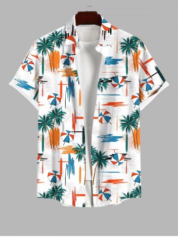 Plus Size Coconut Tree Umbrellar Graffiti Colorblock Print Buttons Pocket Hawaii Shirt For Men - MULTI-A - M