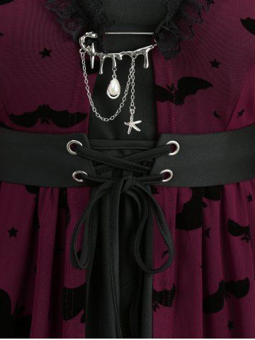 Gothic Halloween Plus Size Star Bat Mesh Flocking Lace Up Lace-trim 2 in 1 Belted Top with Removeable Pin