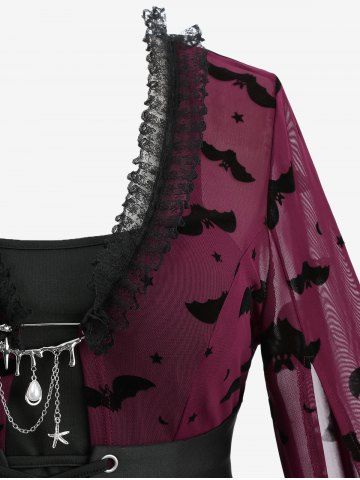 Gothic Halloween Plus Size Star Bat Mesh Flocking Lace Up Lace-trim 2 in 1 Belted Top with Removeable Pin