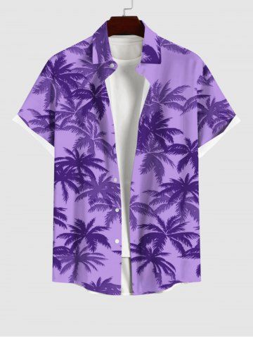 Plus Size Coconut Tree Print Buttons Pocket Hawaii Shirt For Men - PURPLE - S