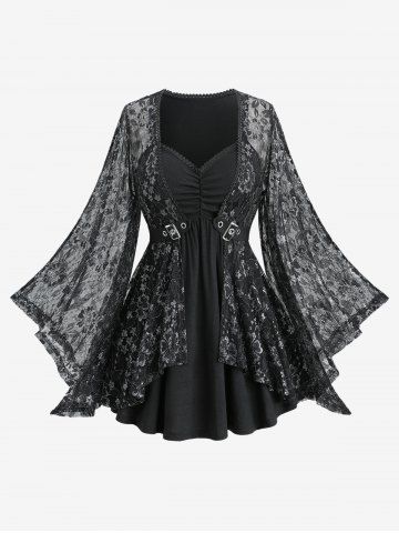 Plus Size Flare Sleeves Glitter Rose Flower Lace Panel Ruched 2 in 1 Layered Top - BLACK - M | US 10