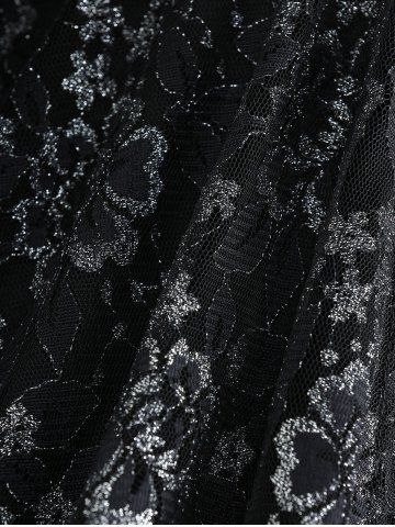 Gothic Plus Size Flare Sleeves Glitter Rose Flower Lace Panel Ruched 2 in 1 Layered Top