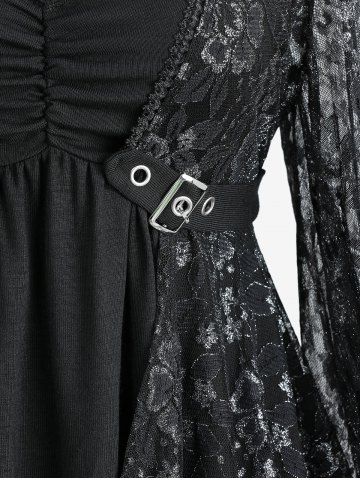 Gothic Plus Size Flare Sleeves Glitter Rose Flower Lace Panel Ruched 2 in 1 Layered Top