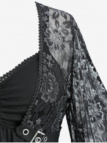 Gothic Plus Size Flare Sleeves Glitter Rose Flower Lace Panel Ruched 2 in 1 Layered Top