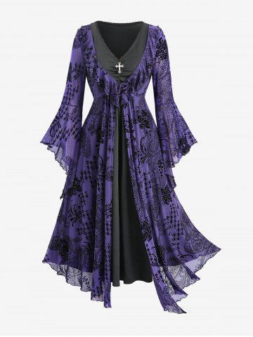 Gothic Plus Size Flare Sleeves Vintage Floral Mesh Flocking Ruffles Ruched Cross Layered 2 in 1 A Line Dress - PURPLE - L | US 12