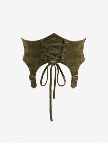 Plus Size Medieval Renaissance Ruched Ruffles Poet Sleeves Cold Shoulder Top With Bowknot Print Lace Up Corset Belt