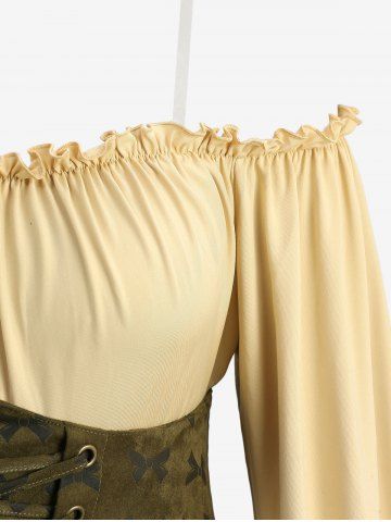 Plus Size Medieval Renaissance Ruched Ruffles Poet Sleeves Cold Shoulder Top With Bowknot Print Lace Up Corset Belt
