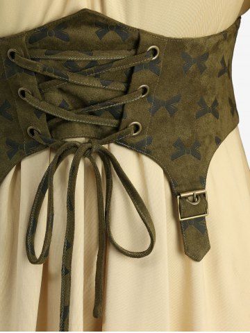 Plus Size Medieval Renaissance Ruched Ruffles Poet Sleeves Cold Shoulder Top With Bowknot Print Lace Up Corset Belt