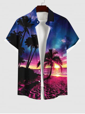 Plus Size Coconut Tree Sea Beach Dusk Sun Ombre Sky Print Hawaii Button Pocket Shirt For Men