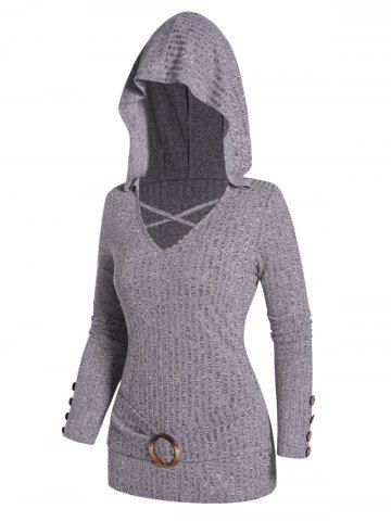 Textured Crisscross Top O Ring Mock Button Long Sleeve Pullover Hooded Knitted Top - GRAY - L