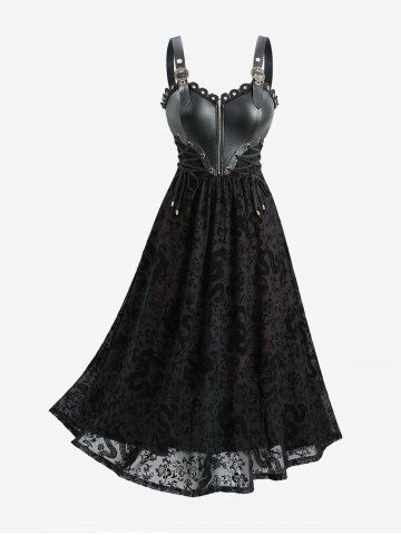 Robe Débardeur en Cuir PU à Flocage avec Lacets Motif Dragon et Fleurs Grande-Taille - BLACK - L | US 12