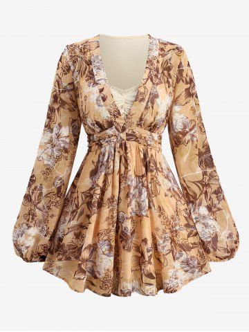 Plus Size Floral Print Embroidery Ruched Surplice 2 in 1 Long Sleeves Blouse - LIGHT COFFEE - L | US 12