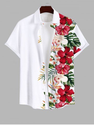 Plus Size Tropical Leaf Hibiscus Flower Print Buttons Pocket Hawaii Shirt For Men