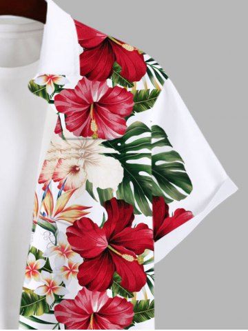 Plus Size Tropical Leaf Hibiscus Flower Print Buttons Pocket Hawaii Shirt For Men