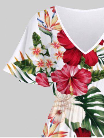 Plus Size Tropical Leaf Hibiscus Flower Print Split Hawaii Midi Dress