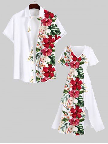 Tropical Leaf Hibiscus Flower Print Plus Size Matching Hawaii Beach Outfit For Couples - WHITE