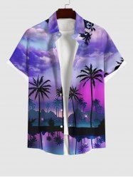 Plus Size Coconut Tree Sea Village Sun Ombre Sky Cloud Print Hawaii Button Pocket Shirt For Men -  