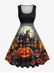 Plus Size Halloween Costume Pumpkin Moon Bat Castle Print 1950s Vintage Dress -  