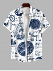 Plus Size Navigation Sailboat Anchor Compass Newspaper Print Buttons Pocket Hawaii Shirt For Men -  
