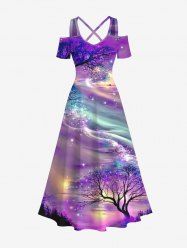 Plus Size Tree Aurora Galaxy Glitter 3D Print Cold Shoulder Crisscross Hawaii Maxi Dess -  
